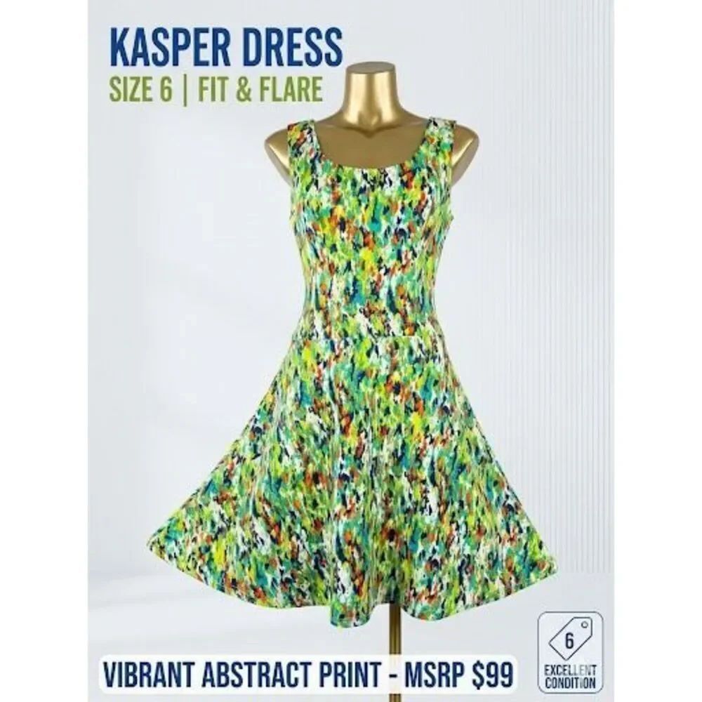 Kasper Vibrant Fit & Flare Dress Lime Green Orange Abstract Splatter Print 6